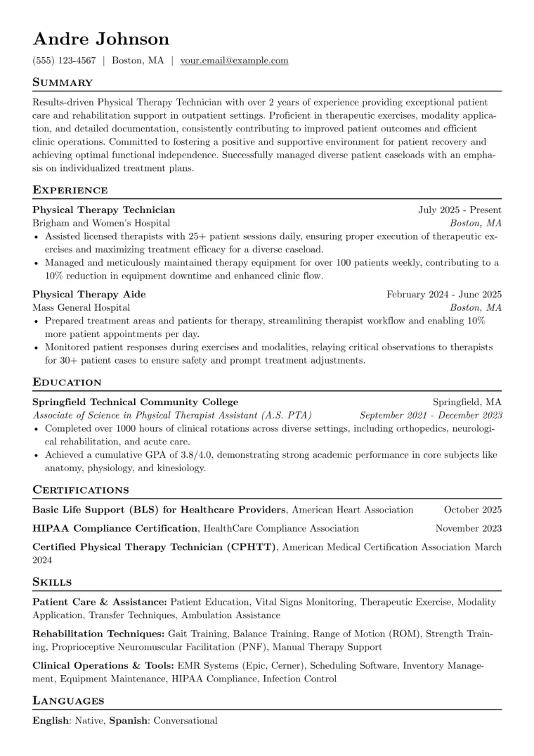 Physical Therapy Technician Resume Example CV template preview