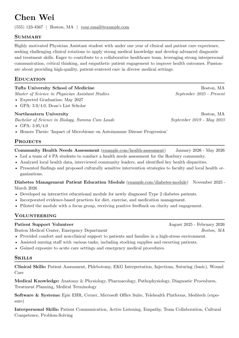Physician Assistant Student Resume Example preview