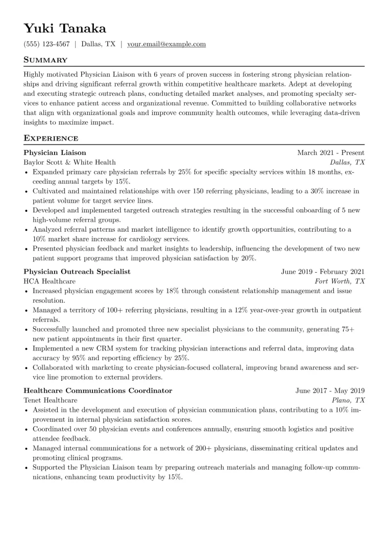 Physician Liaison Resume Example CV template preview
