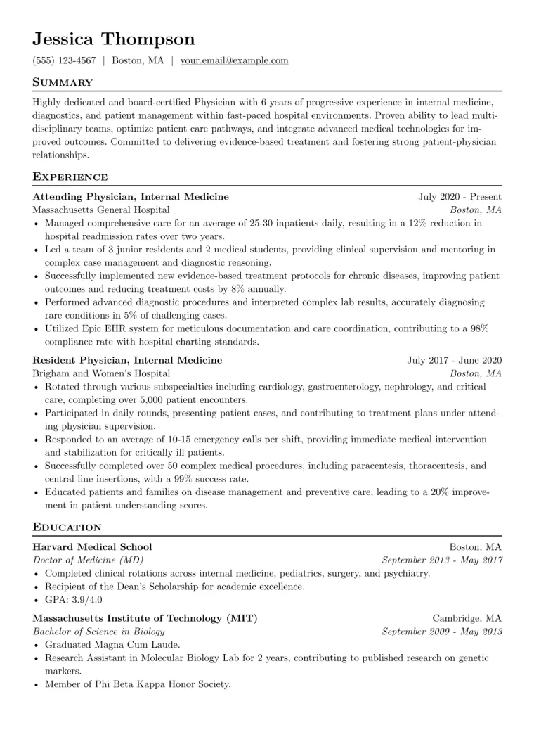 Physician Resume Example CV template preview