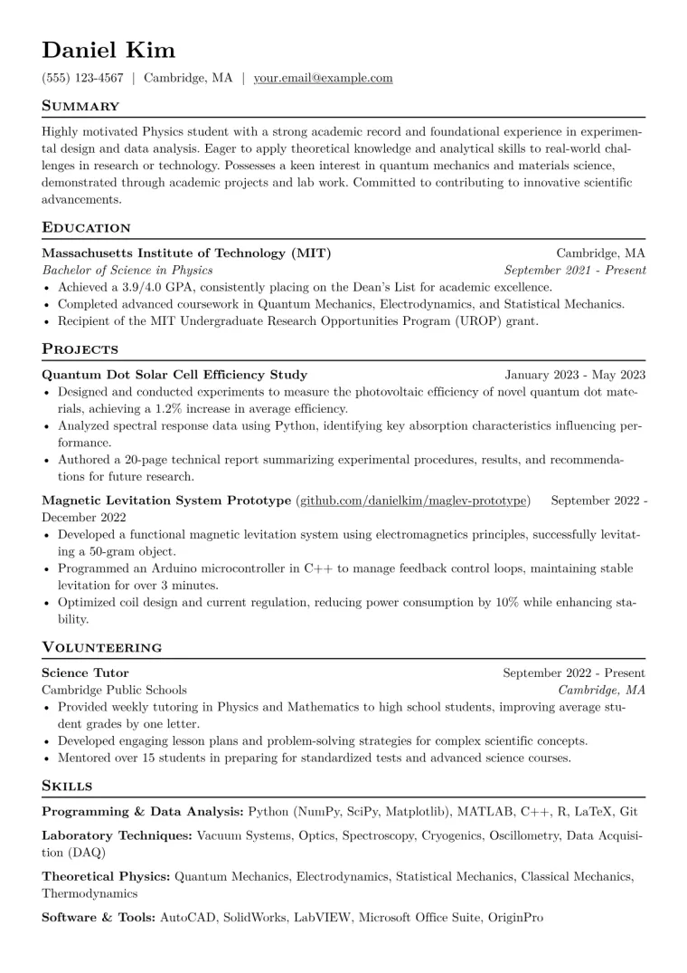 Physics Student Resume Example CV template preview