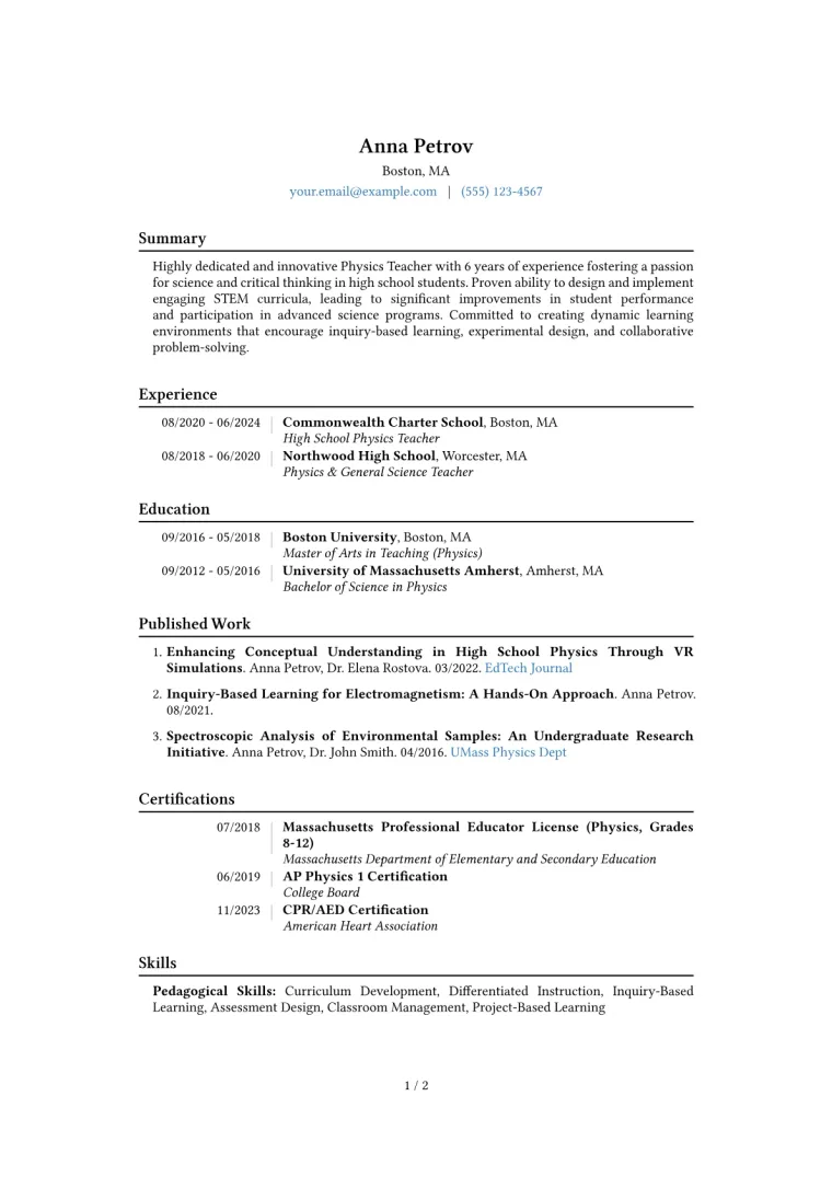 Physics Teacher Resume Example CV template preview