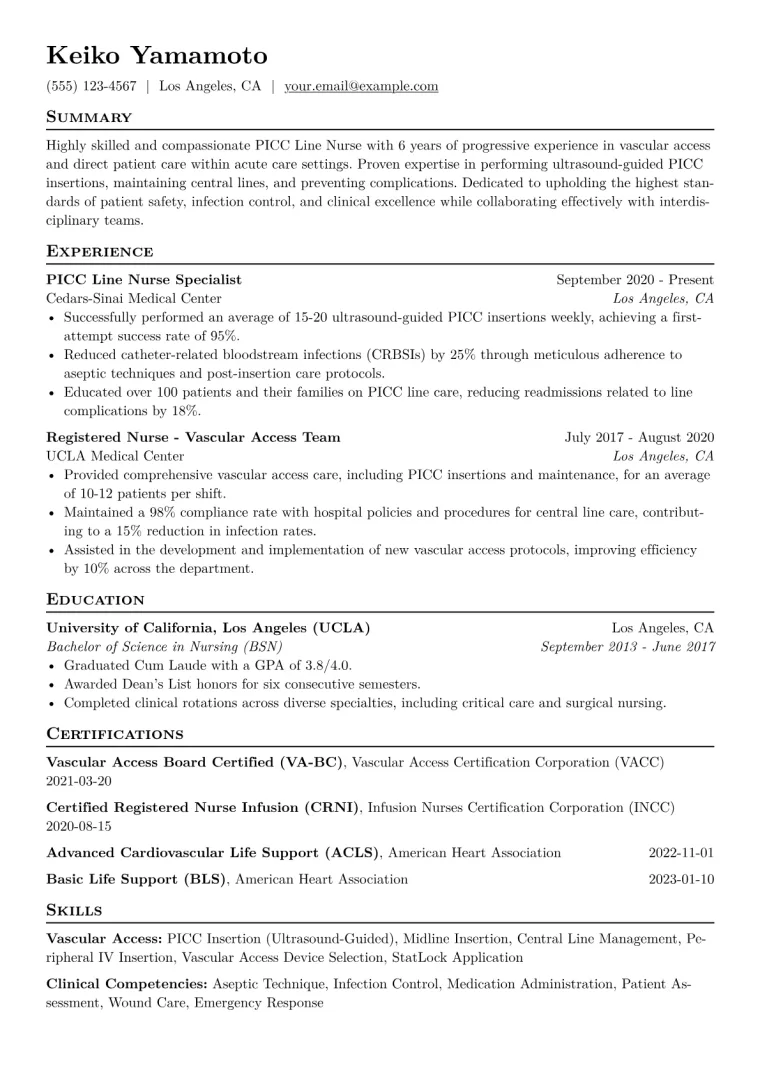 PICC Line Nurse Resume Example CV template preview