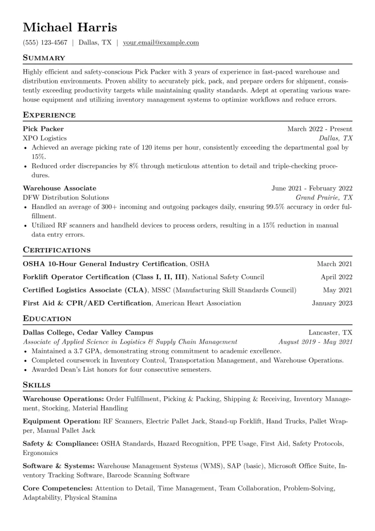 Pick Packer Resume Example CV template preview