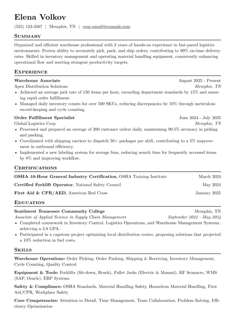 Picker Packer Resume Example CV template preview