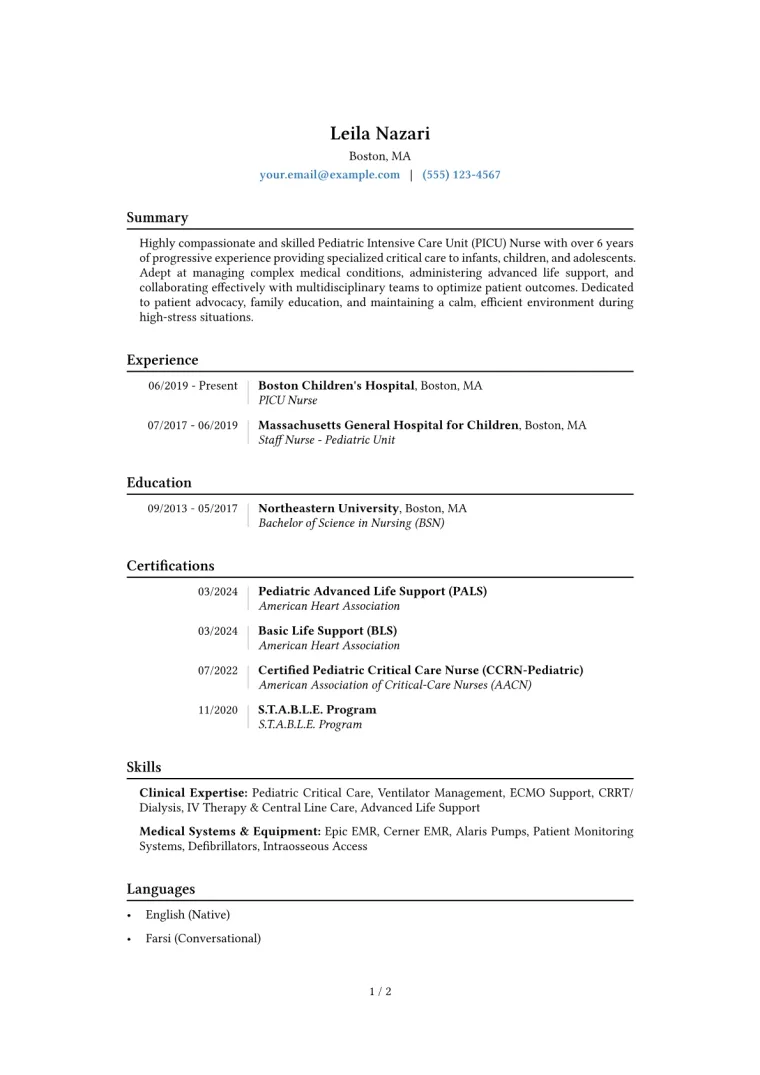 PICU Nurse Resume Example CV template preview