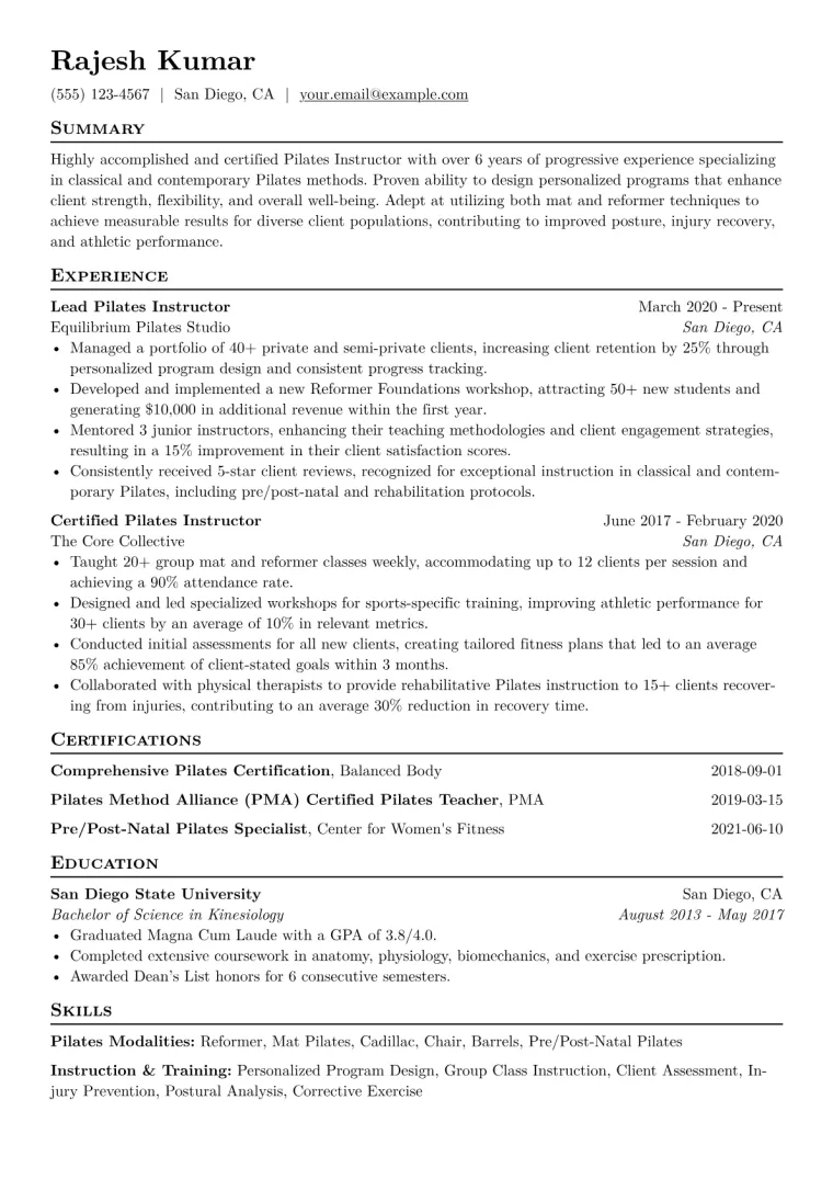 Pilates Instructor Resume Example CV template preview