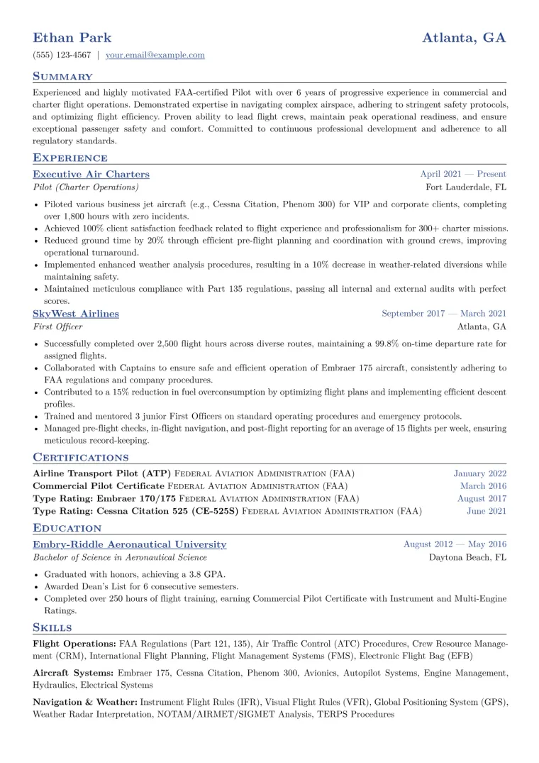 Pilot Resume Example CV template preview