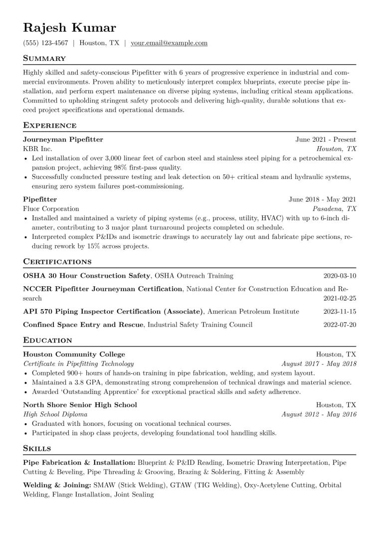 Pipefitter Resume Example CV template preview