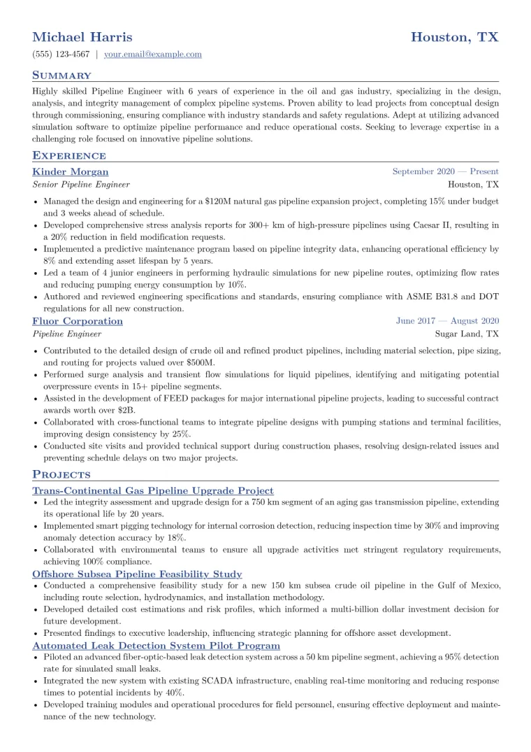Pipeline Engineer Resume Example CV template preview