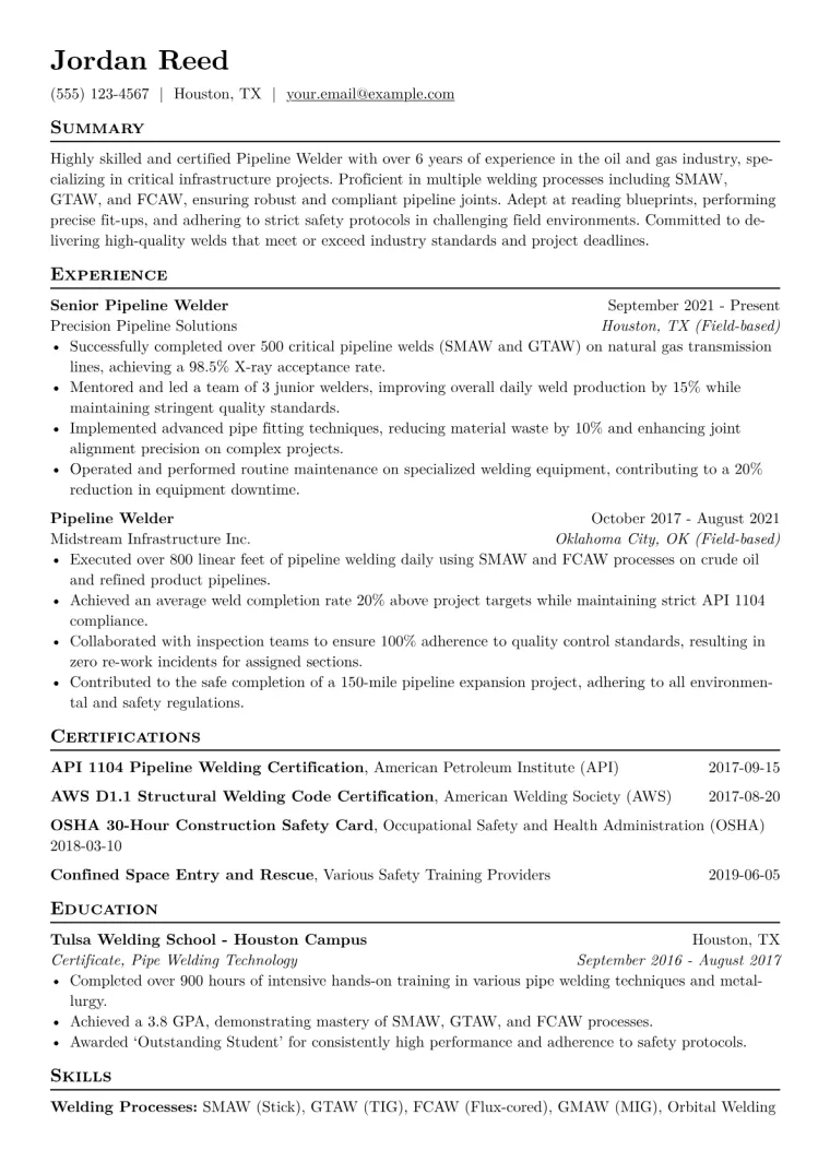Pipeline Welder Resume Example CV template preview