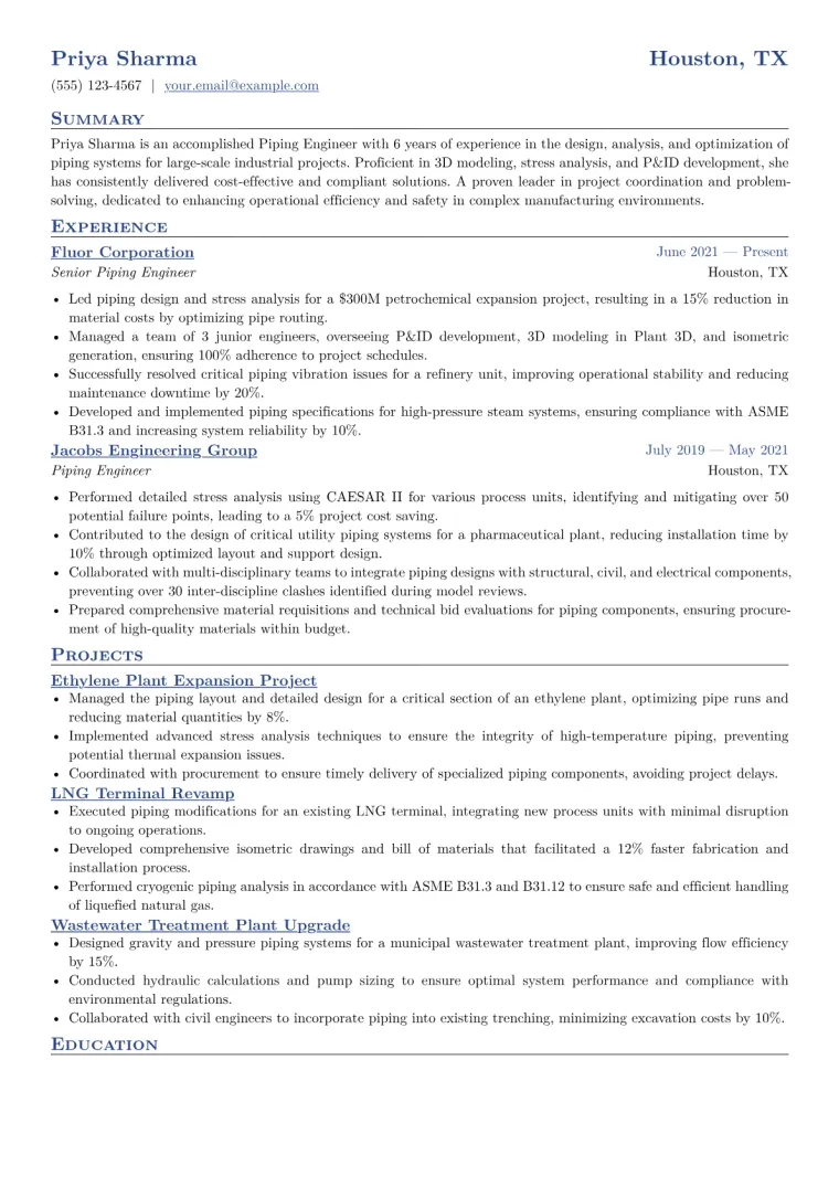 Piping Engineer Resume Example CV template preview