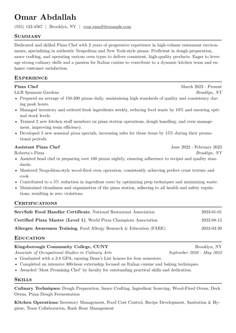 Pizza Chef Resume Example CV template preview