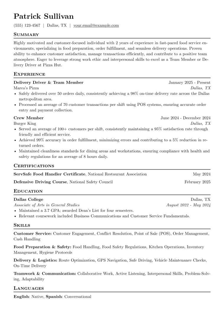Pizza Hut Resume Example preview