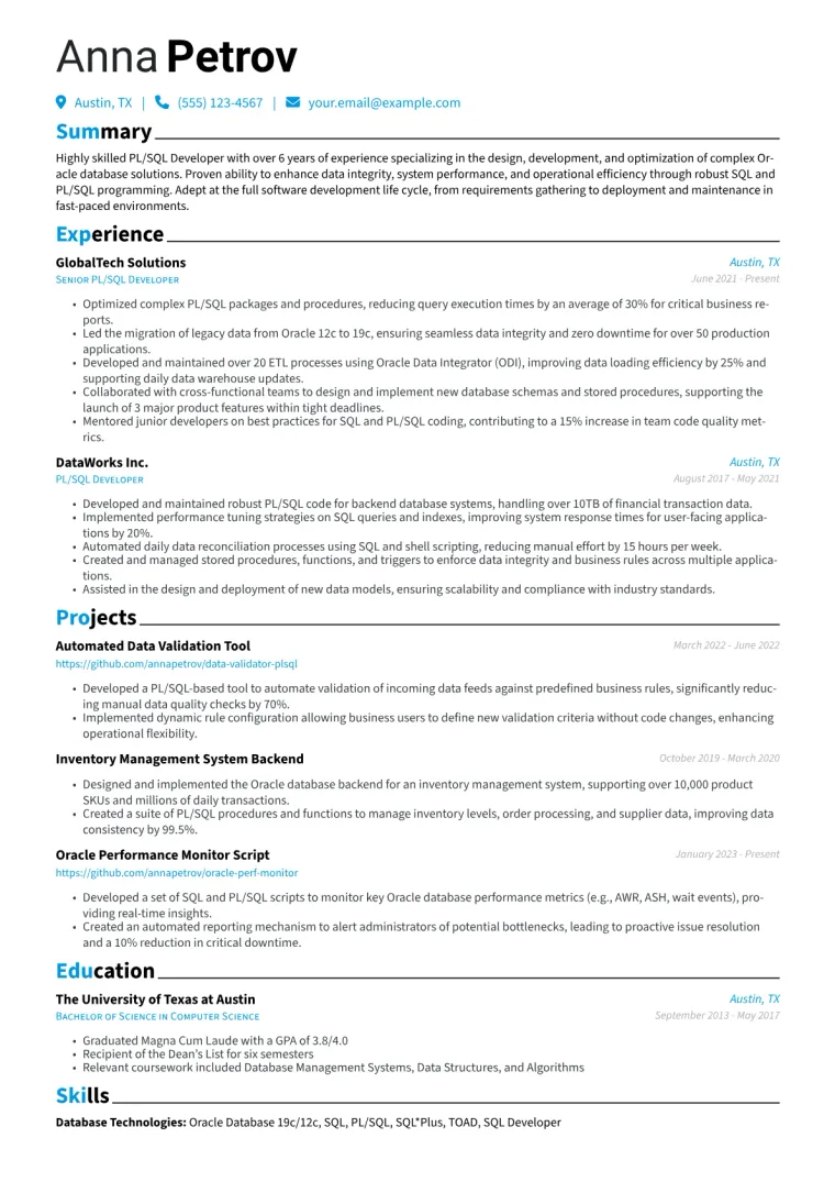 PL/SQL Developer Resume Example CV template preview
