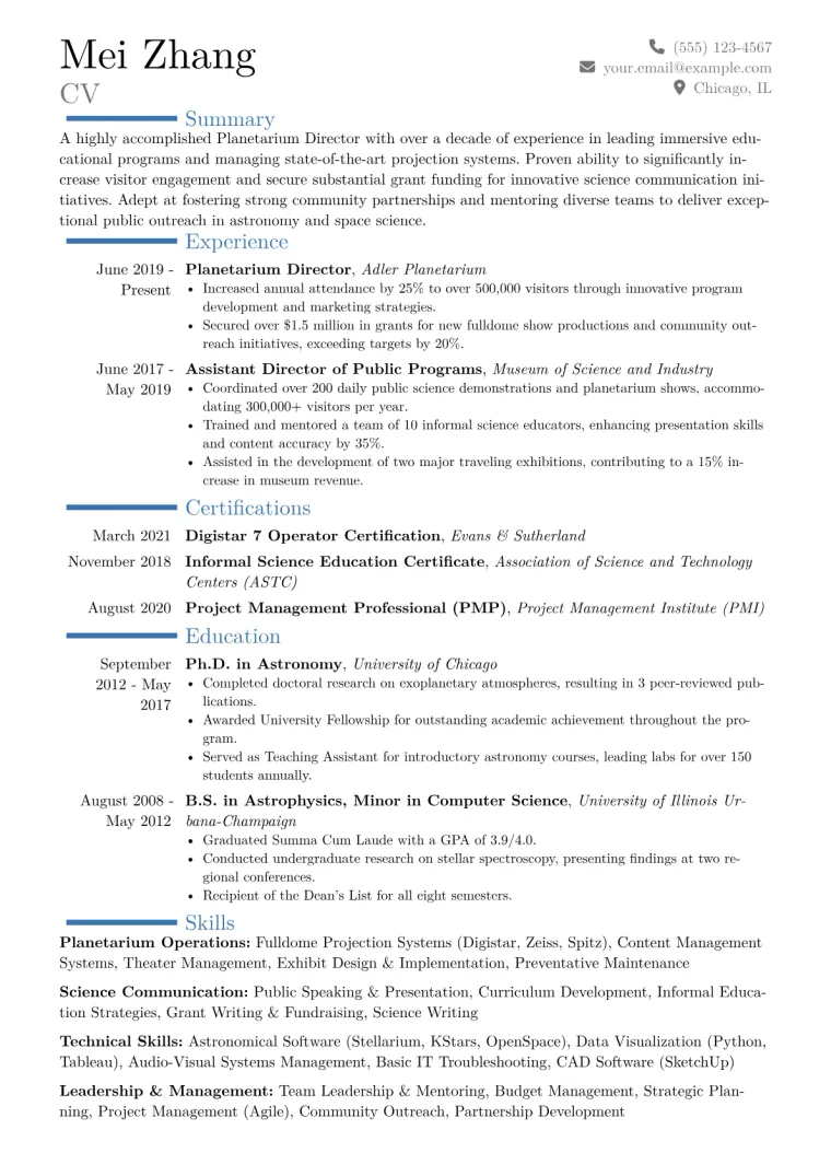 Planetarium Director Resume Example CV template preview