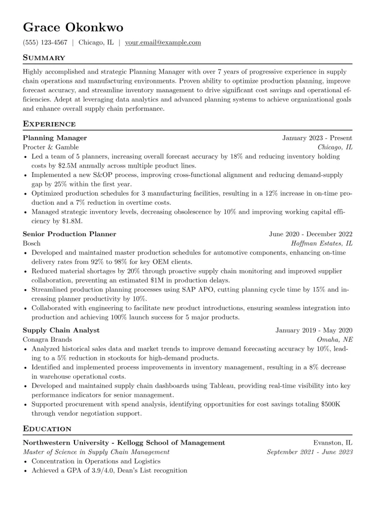 Planning Manager Resume Example preview