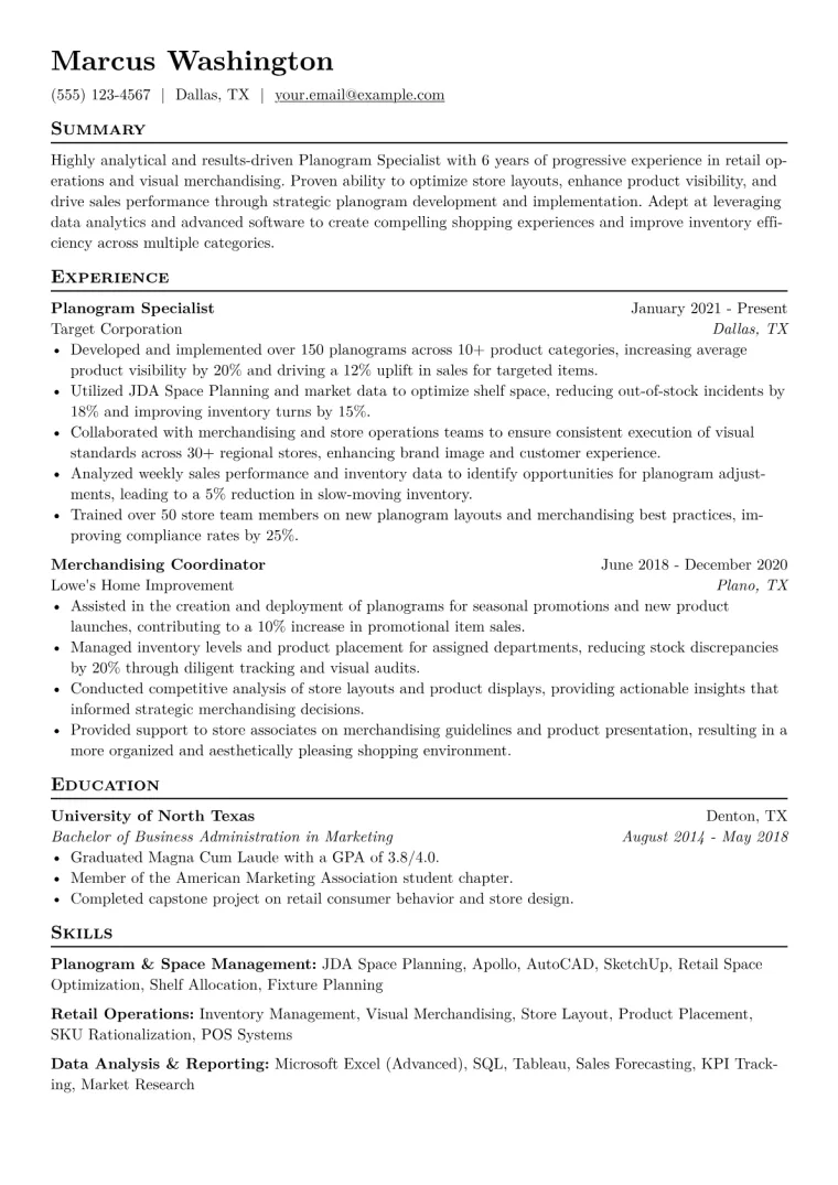 Planogram Specialist Resume Example CV template preview