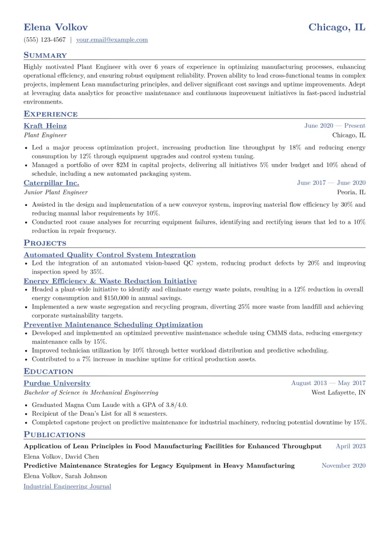 Plant Engineer Resume Example CV template preview