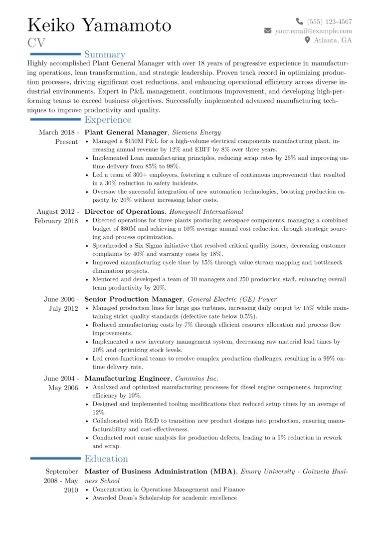 Plant General Manager Resume Example CV template preview