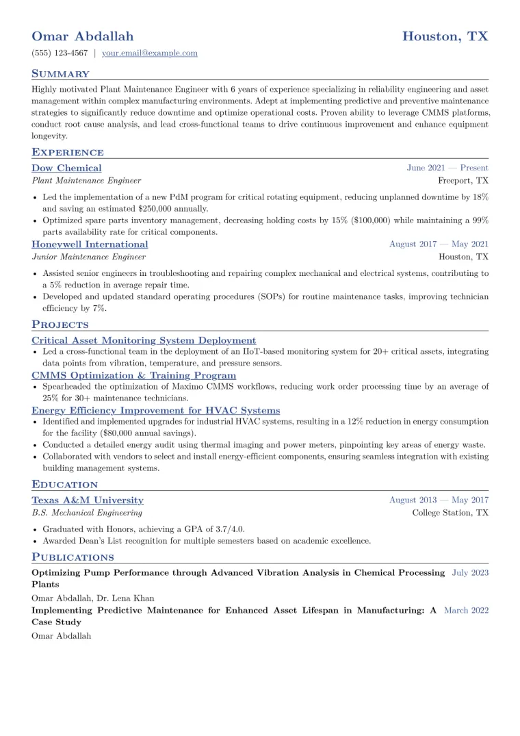 Plant Maintenance Engineer Resume Example CV template preview