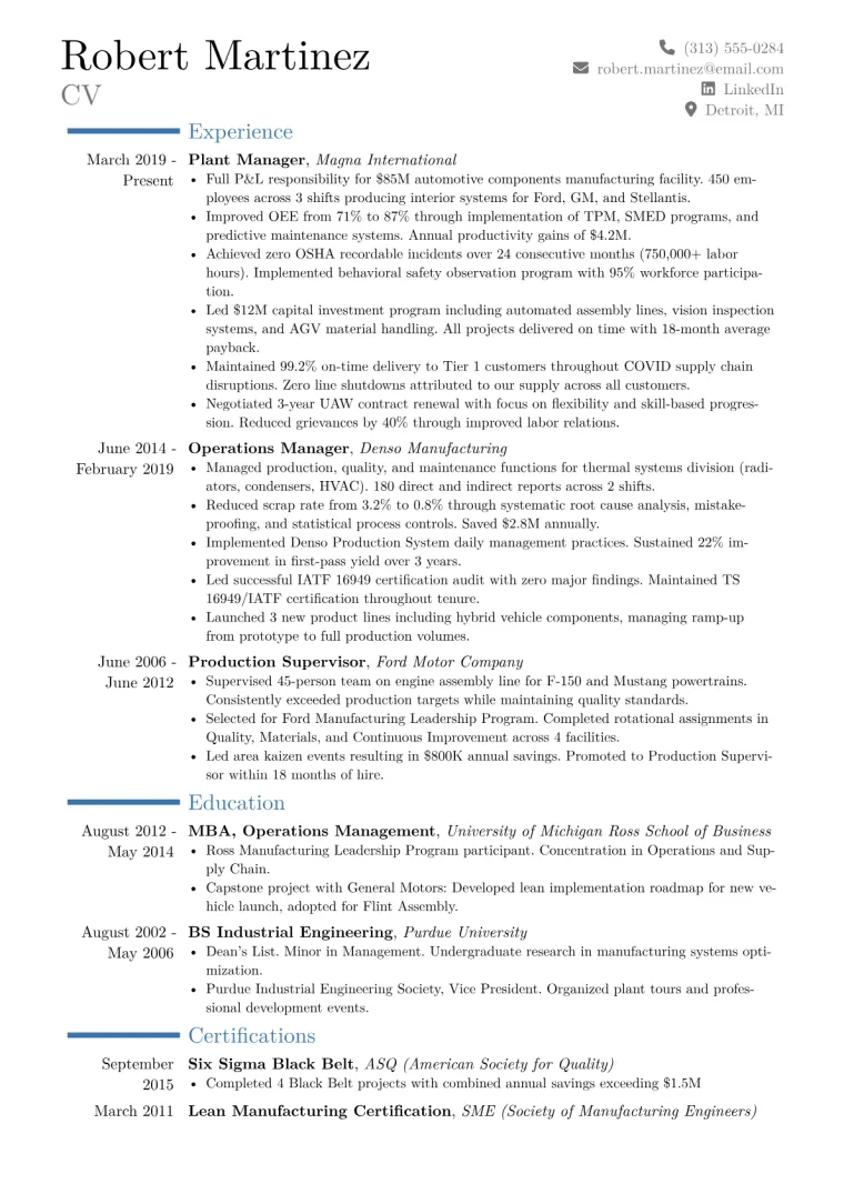 Plant Manager - Executive Manufacturing CV template preview