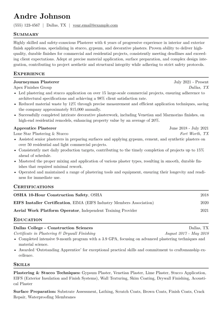 Plasterer Resume Example CV template preview