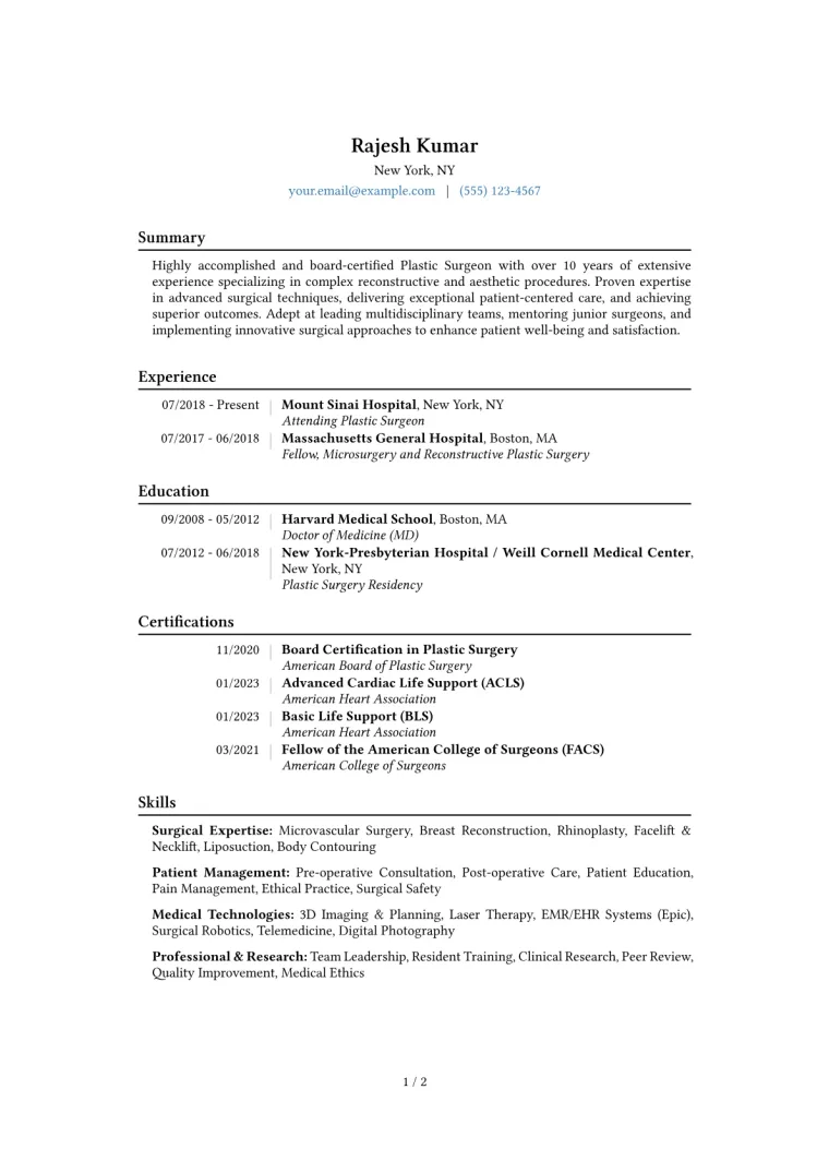 Plastic Surgeon Resume Example CV template preview