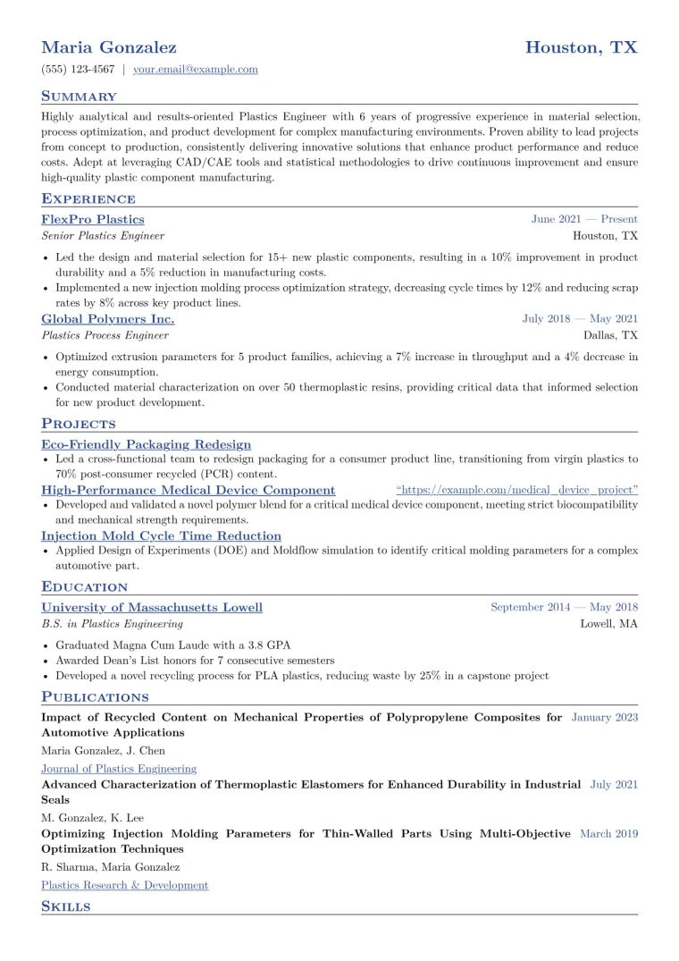 Plastics Engineer Resume Example CV template preview