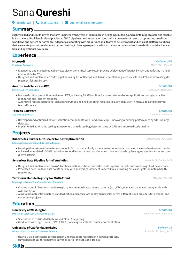 Platform Engineer Resume Example CV template preview