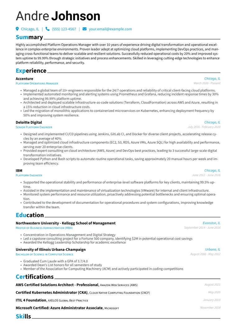 Platform Operations Manager Resume Example CV template preview