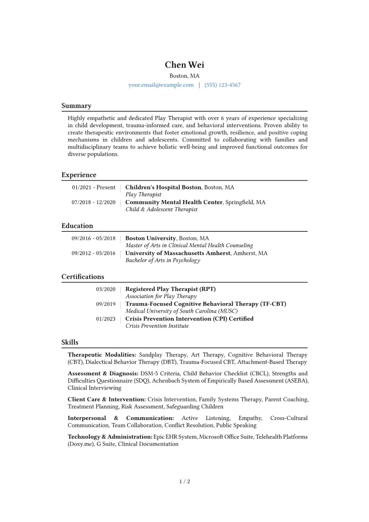 Play Therapist Resume Example CV template preview