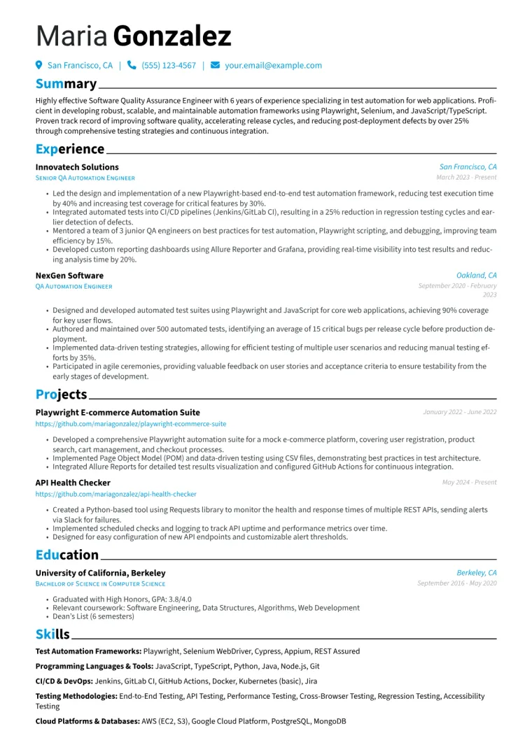 Playwright Automation Engineer Resume Example preview