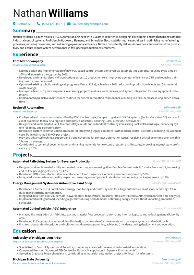 PLC Automation Engineer Resume Example CV template preview
