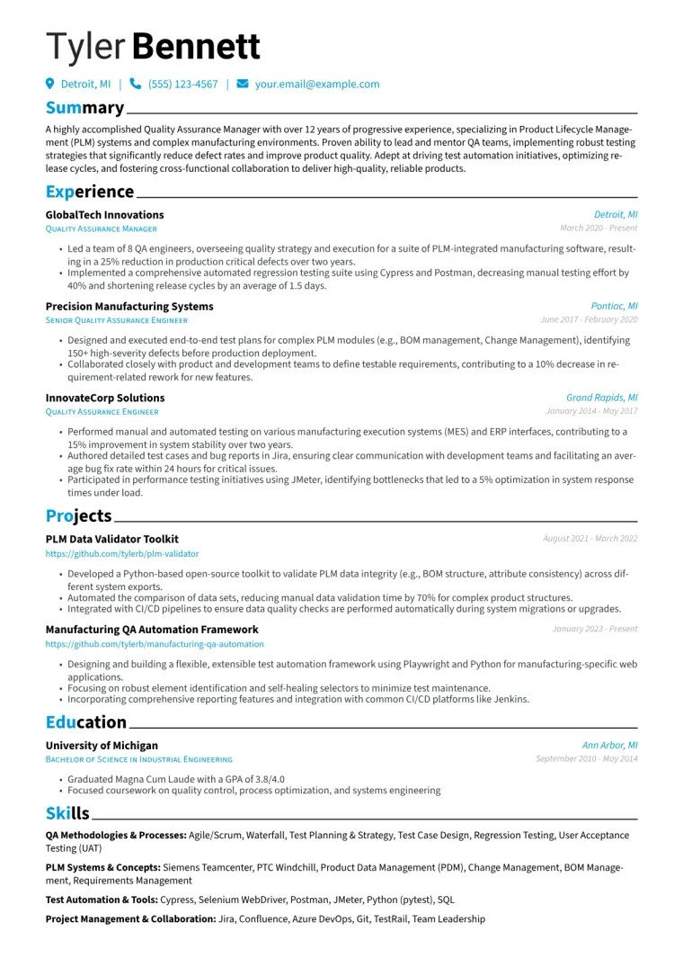 PLM QA Manager Resume Example preview