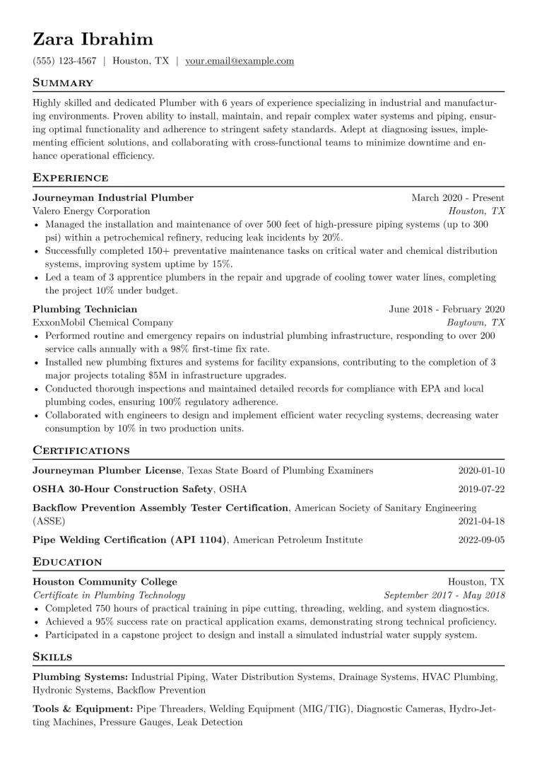 Plumber Resume Example CV template preview
