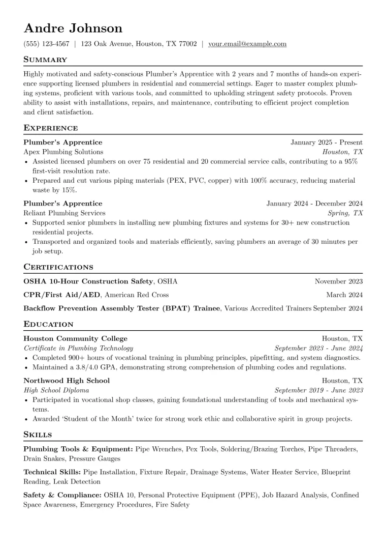 Plumber's Apprentice Resume Example CV template preview