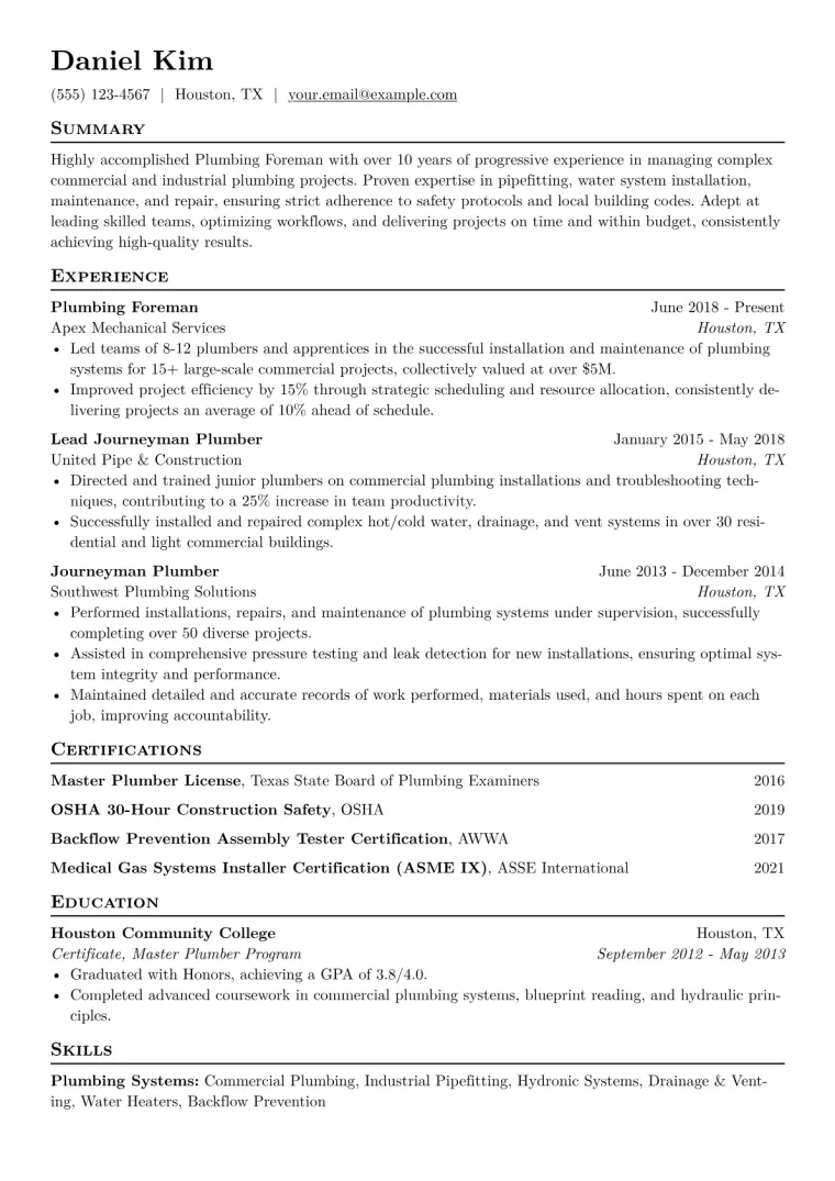 Plumbing Foreman Resume Example CV template preview