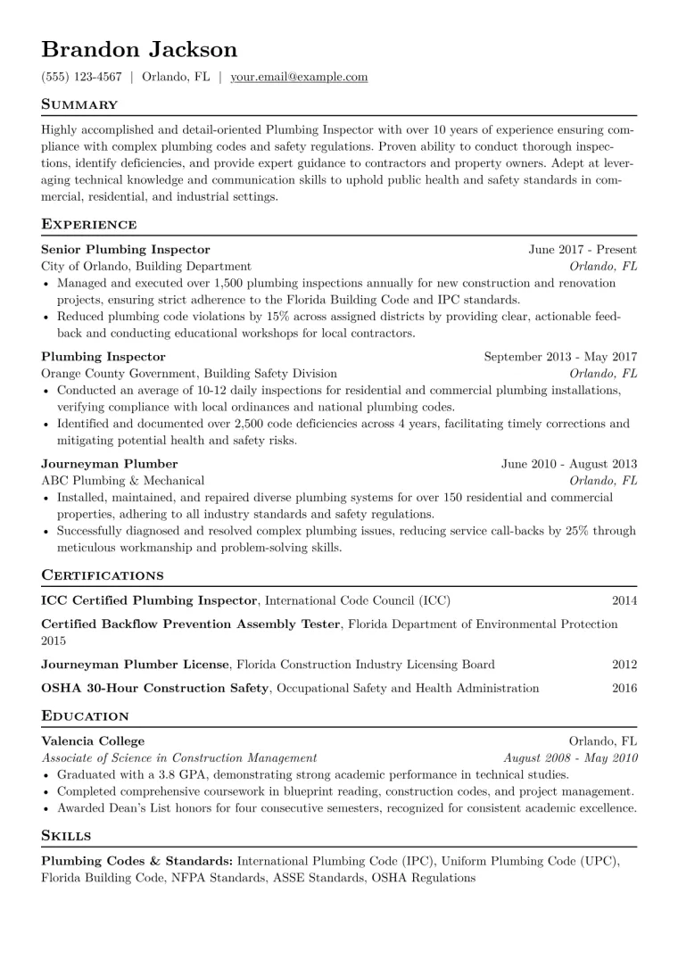 Plumbing Inspector Resume Example CV template preview