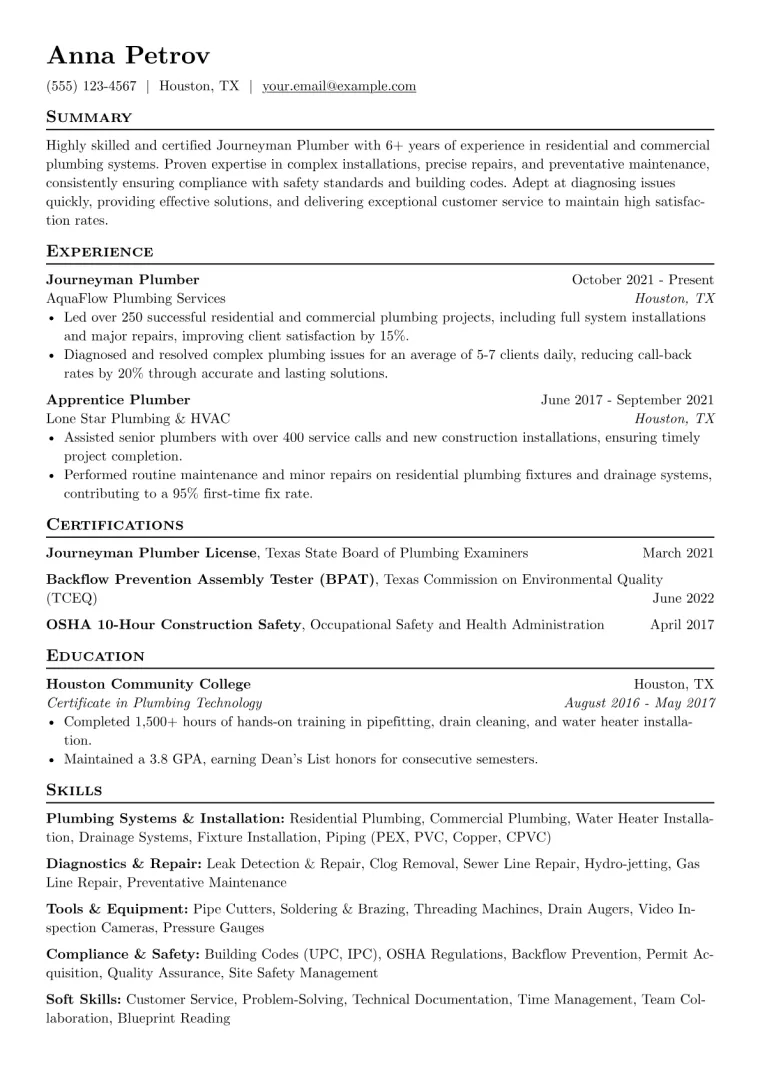Plumbing Resume Example CV template preview