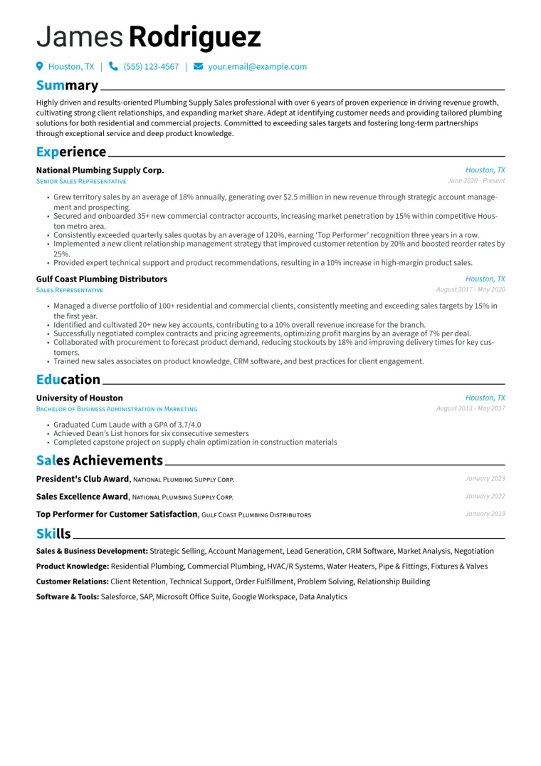 Plumbing Supply Sales Resume Example CV template preview