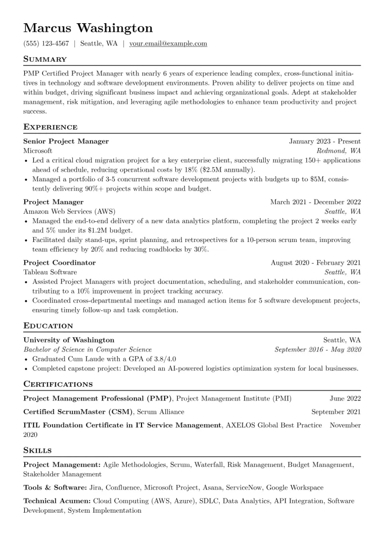 PMP Certified Project Manager Resume Example CV template preview