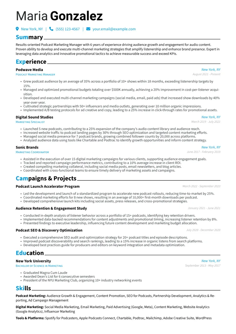 Podcast Marketing Manager Resume Example CV template preview