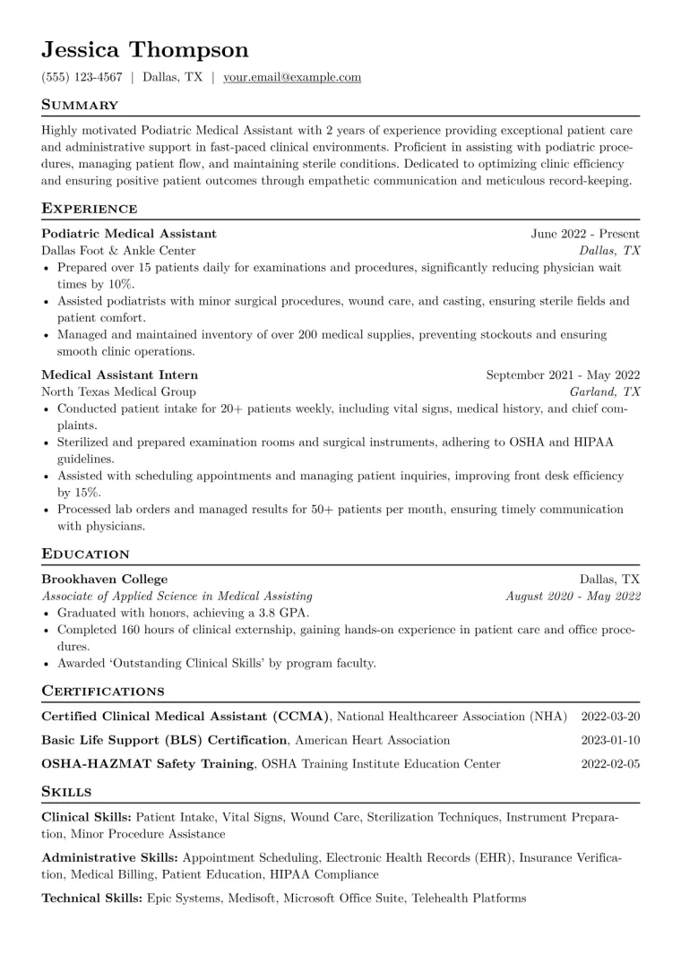 Podiatric Medical Assistant Resume Example CV template preview