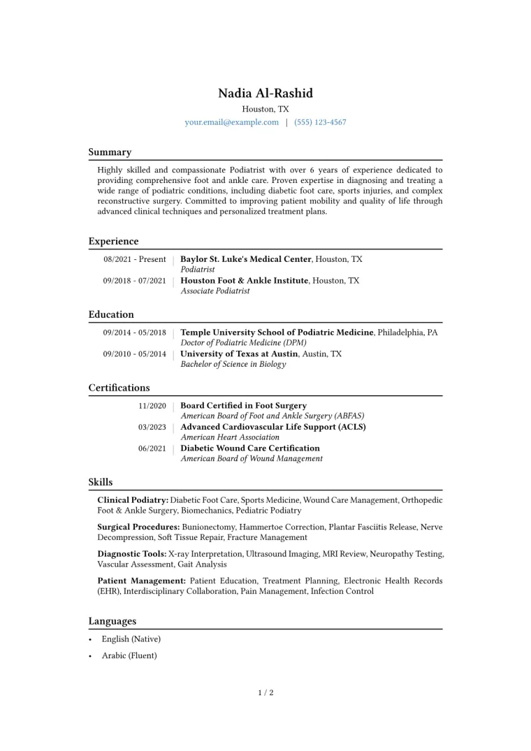 Podiatrist Resume Example CV template preview