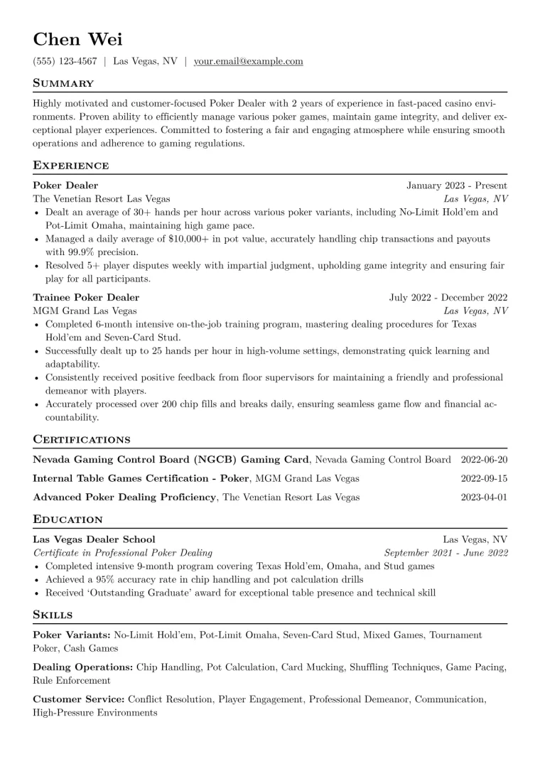 Poker Dealer Resume Example CV template preview