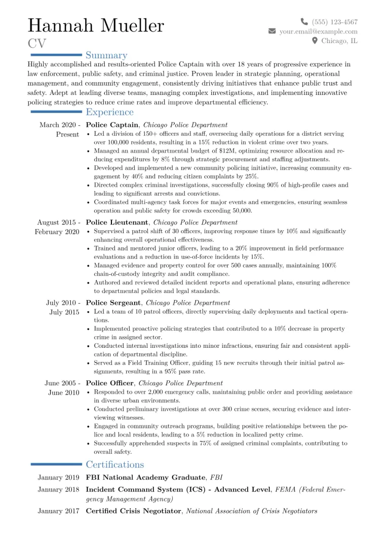 Police Captain Resume Example CV template preview