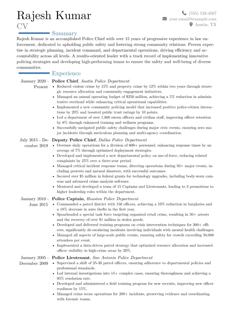 Police Chief Resume Example CV template preview