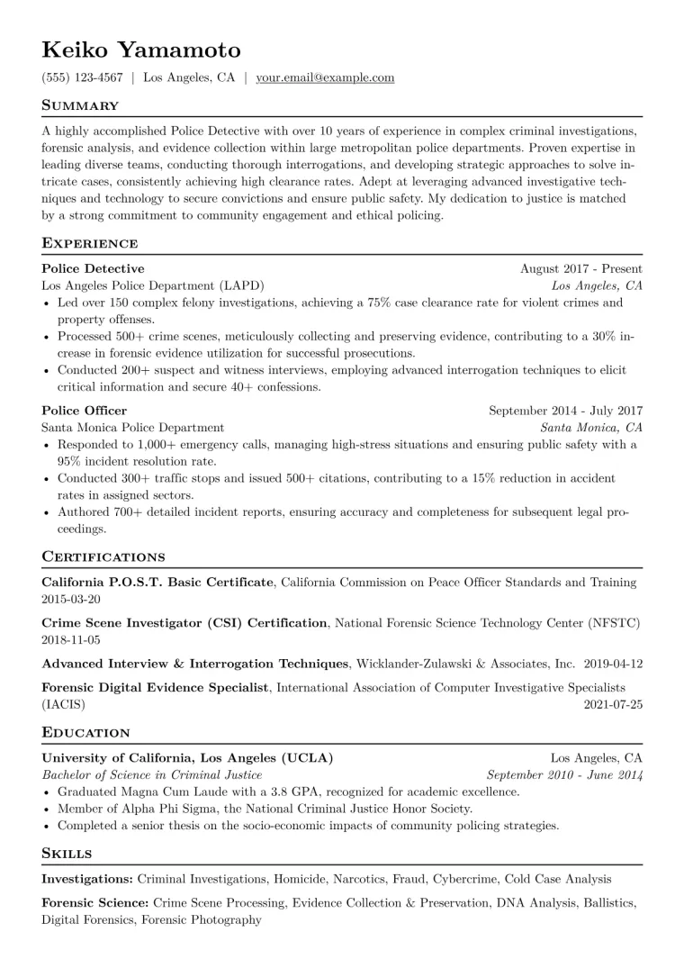 Police Detective Resume Example CV template preview