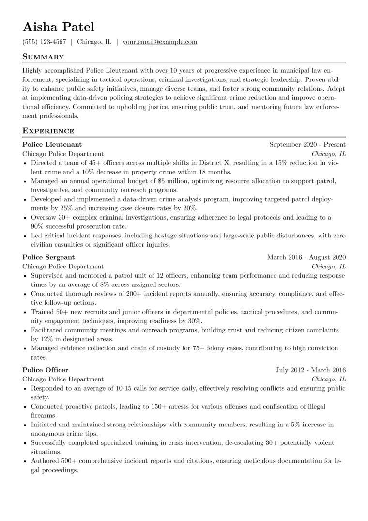 Police Lieutenant Resume Example CV template preview